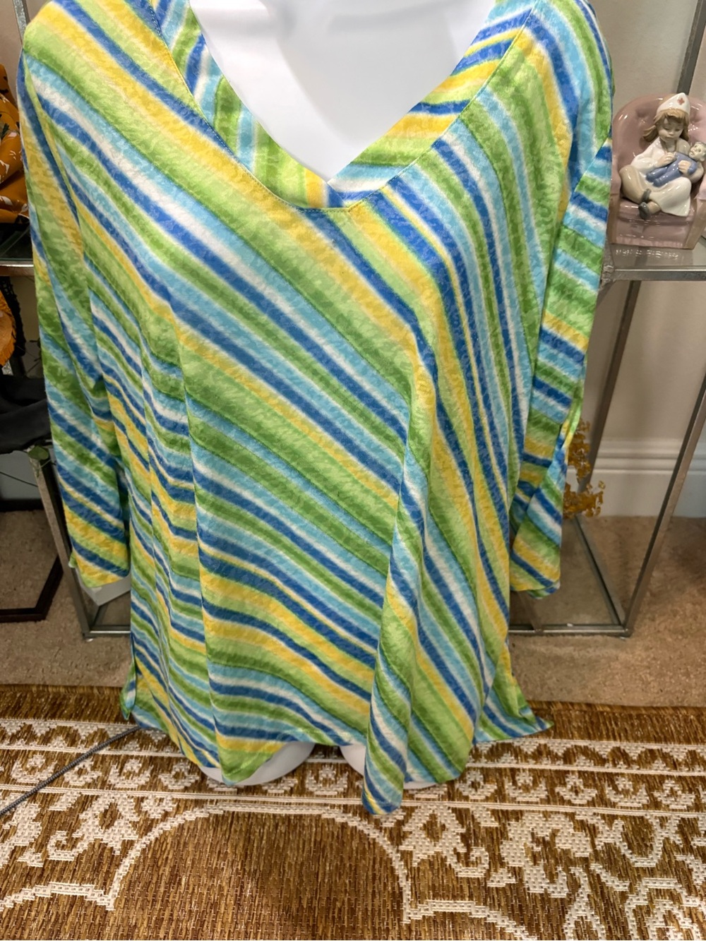 Ruby Road womens v-neck 3/4 sleeve tunic blouse green blue vertical  stripe xl